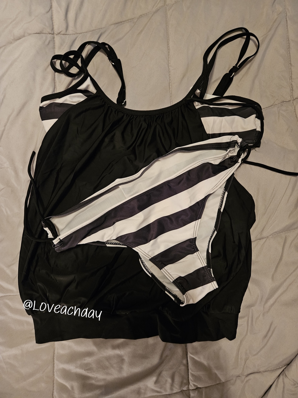 ✨️Black Tankini Top with Black & White Striped Bikini Bottom
